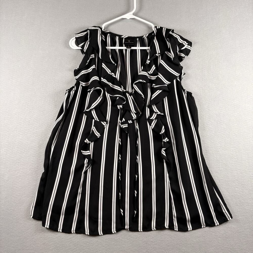 Worthington Women's Large Black White Striped Ruffle Front Sleeveless Top